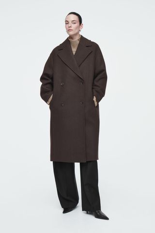 Double-breasted wool herringbone coat