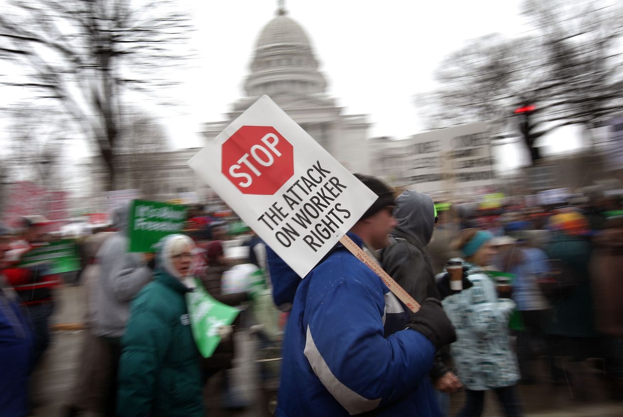 Protester at labor rally in Wisconsin