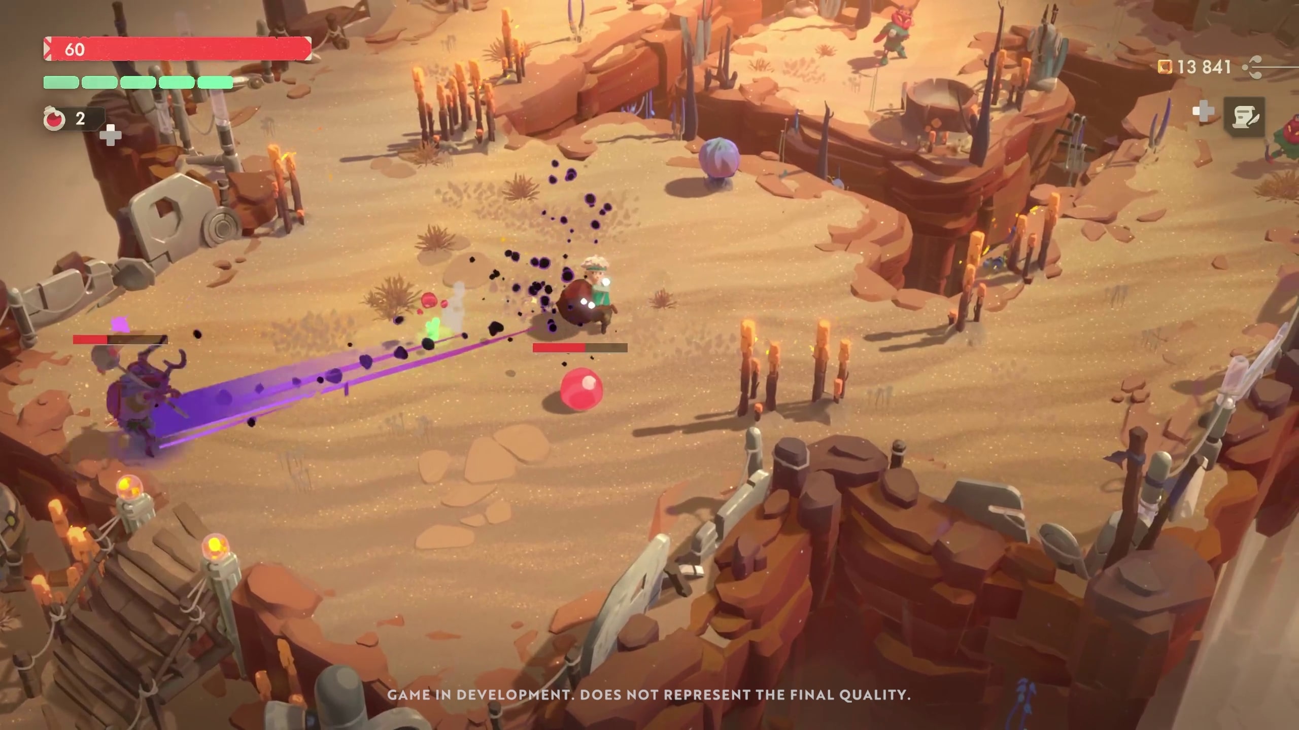 Moonlighter 2 screenshot of an enemy being "ejected" during combat from the new stun mechanic.