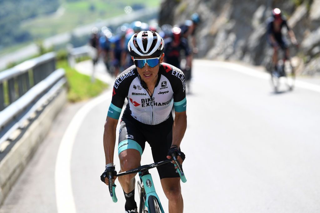 LEUKERBAD SWITZERLAND JUNE 10 Johan Esteban Chaves Rubio of Colombia and Team Bikeexchange attacks during the 84th Tour de Suisse 2021 Stage 5 a 1752km stage from Gstaad to Leukerbad 1385m UCIworldtour tds tourdesuisse on June 10 2021 in Leukerbad Switzerland Photo by Tim de WaeleGetty Images