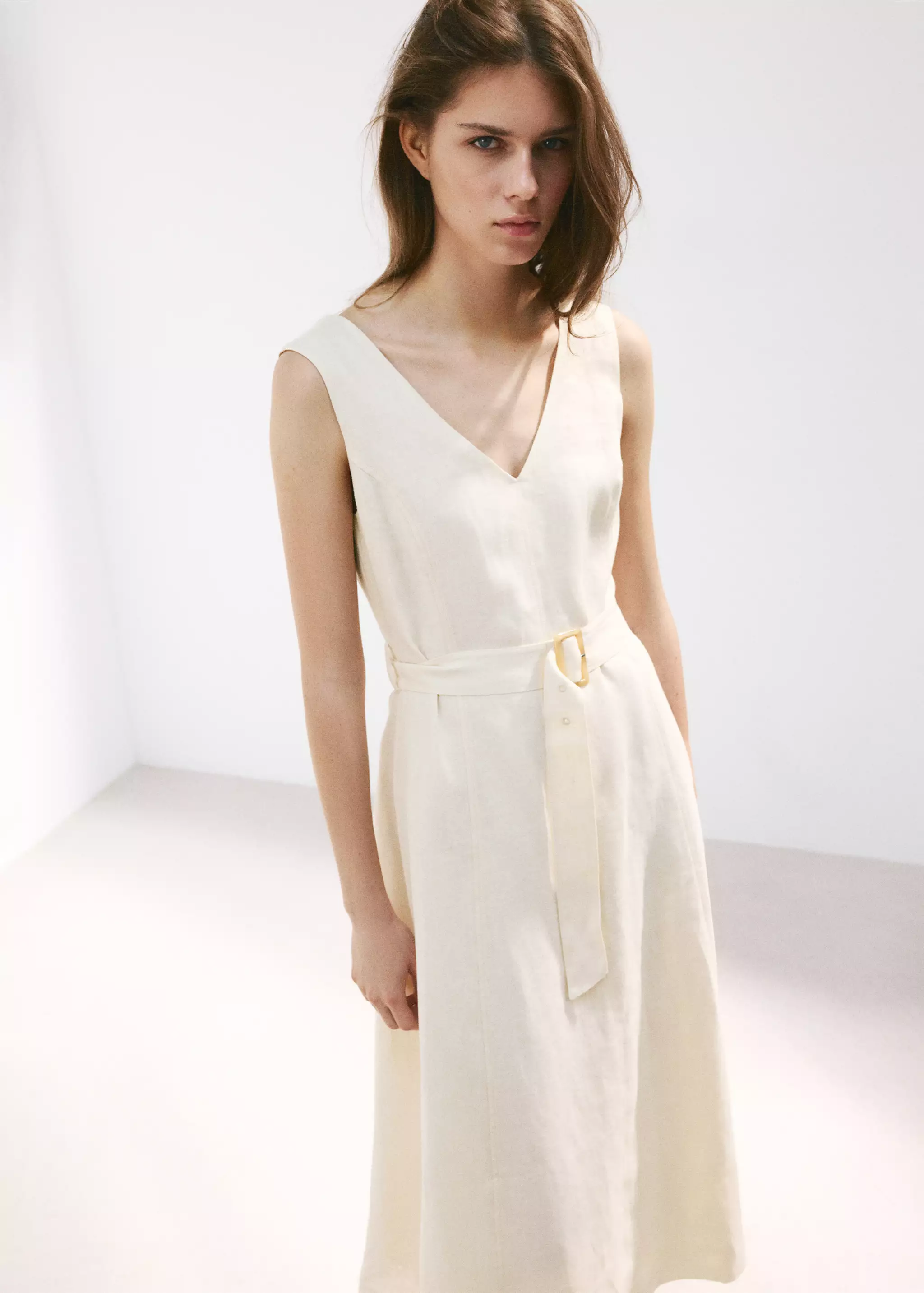 Linen Midi-Dress With Belt - Women | Mango United Kingdom
