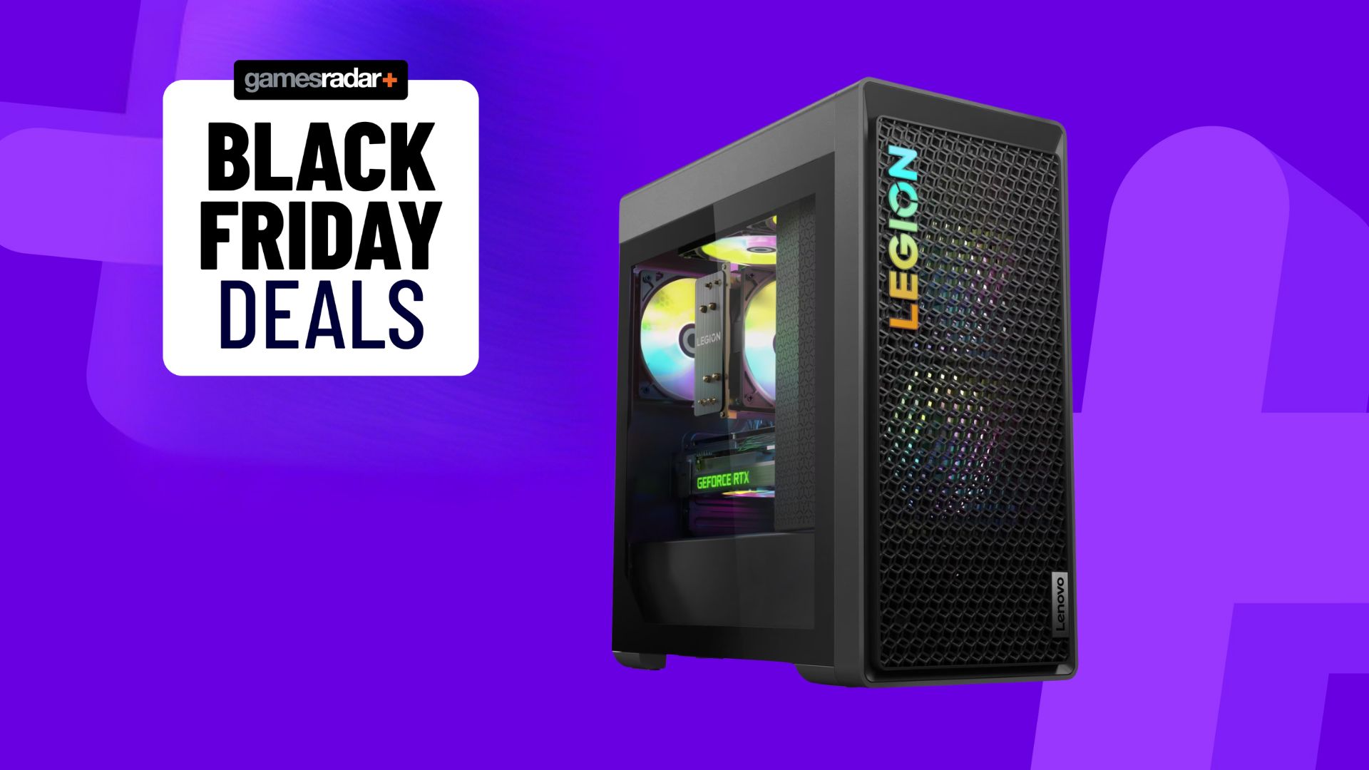 A Lenovo Legion T5 on a purple black friday deals background