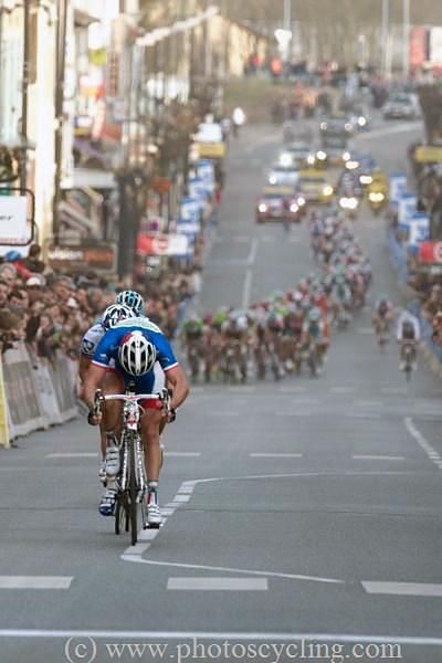 Head down, Voeckler leads the break to the line.