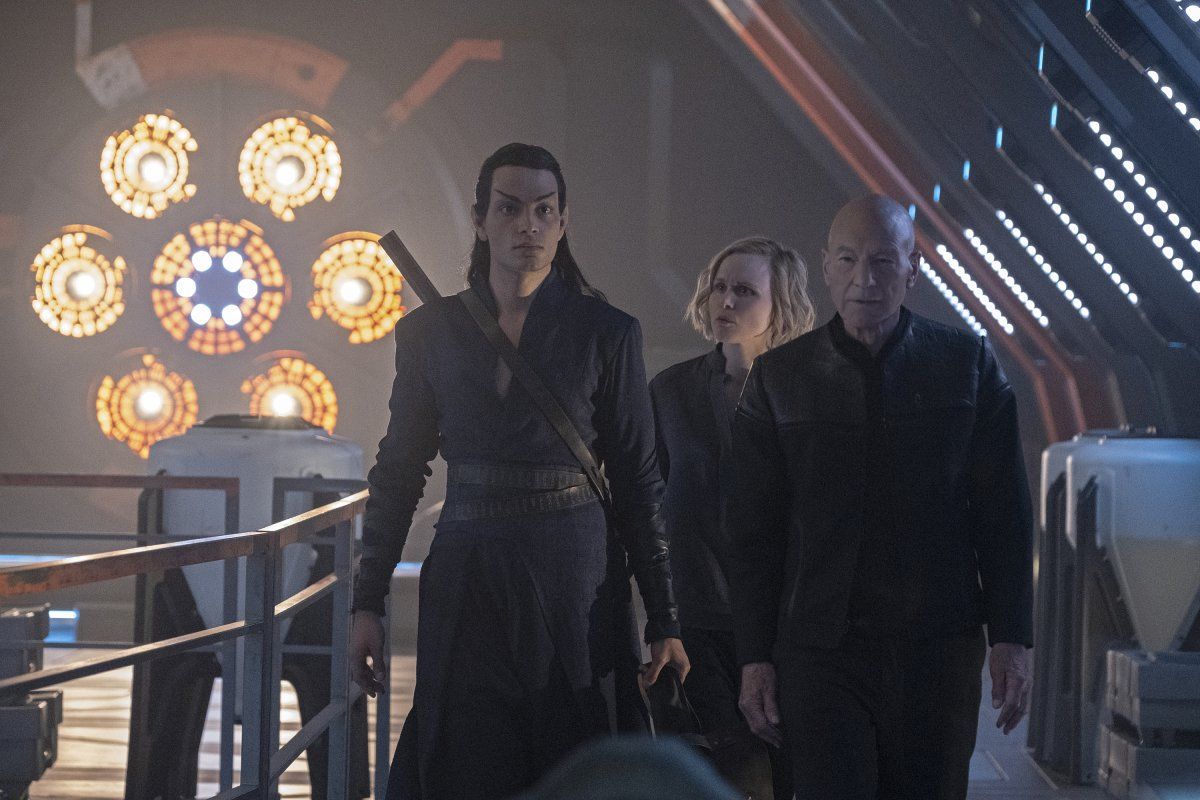 Evan Evagora as Elnor; Alison Pill as Dr. Jurati; Patrick Stewart as Jean-Luc Picard; of the the CBS All Access series STAR TREK: PICARD.
