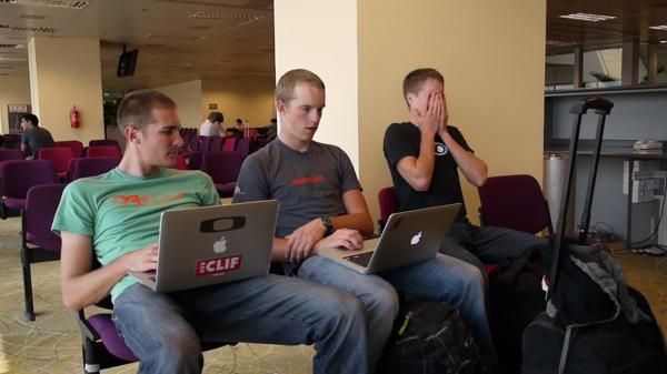 Brady Kappius, Russel Finsterwald and Blake Harlan during a 30-hour travel day.