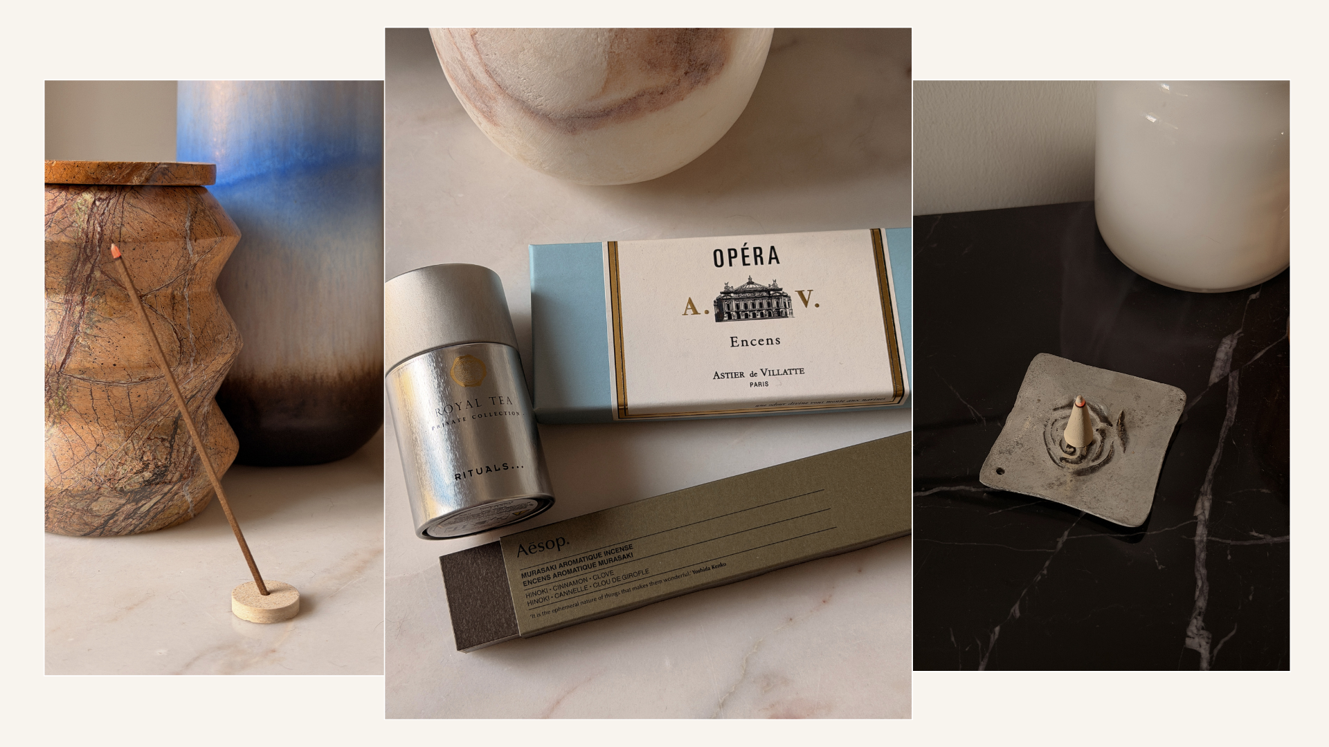 A collage with photos of incense sticks and incense holders