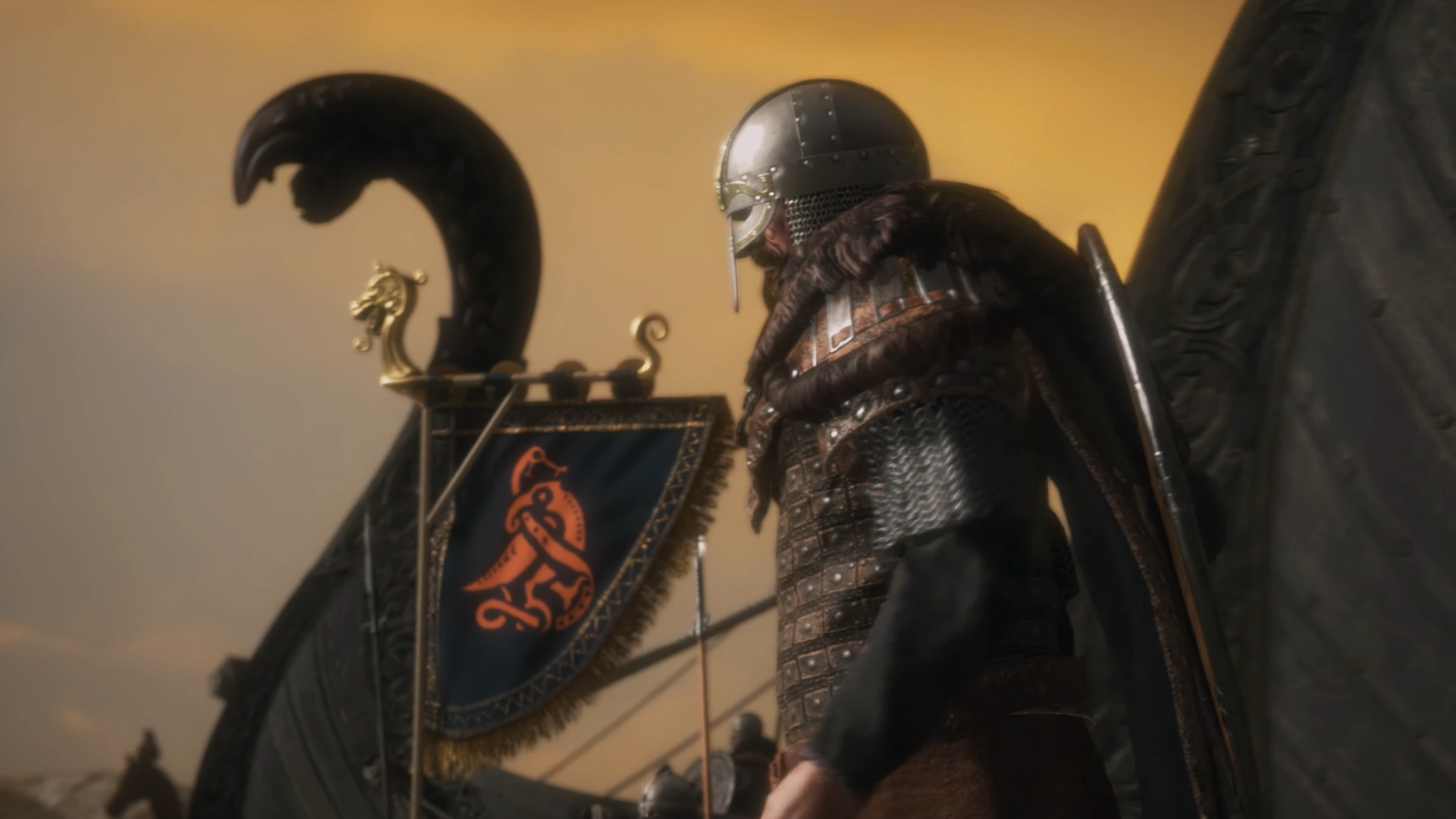 A Nord walking past a Nord longboat in Mount and Blade 2: Bannerlord - War Sails trailer still