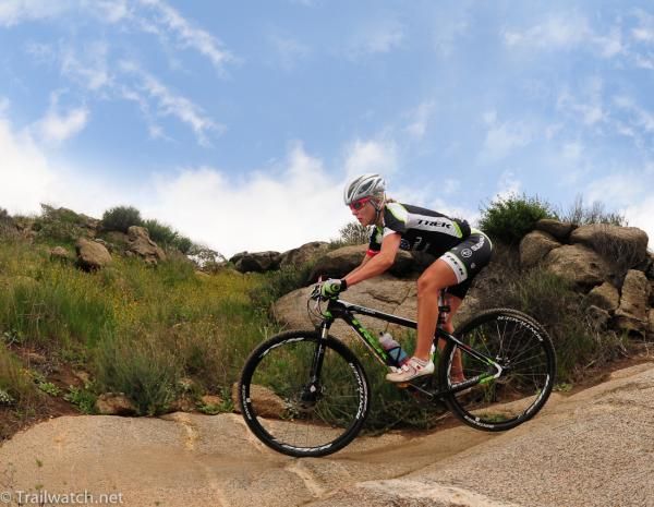 Heather Irmiger (Trek Subaru) descends through the rocks