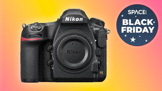Nikon D850 on a colored background with black friday camera deal logo in corner