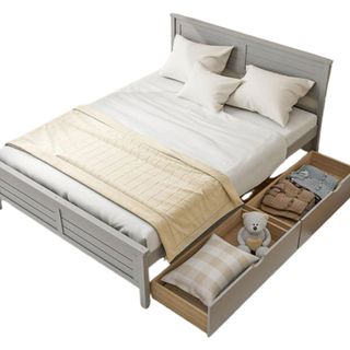 grey wooden bed with storage drawers