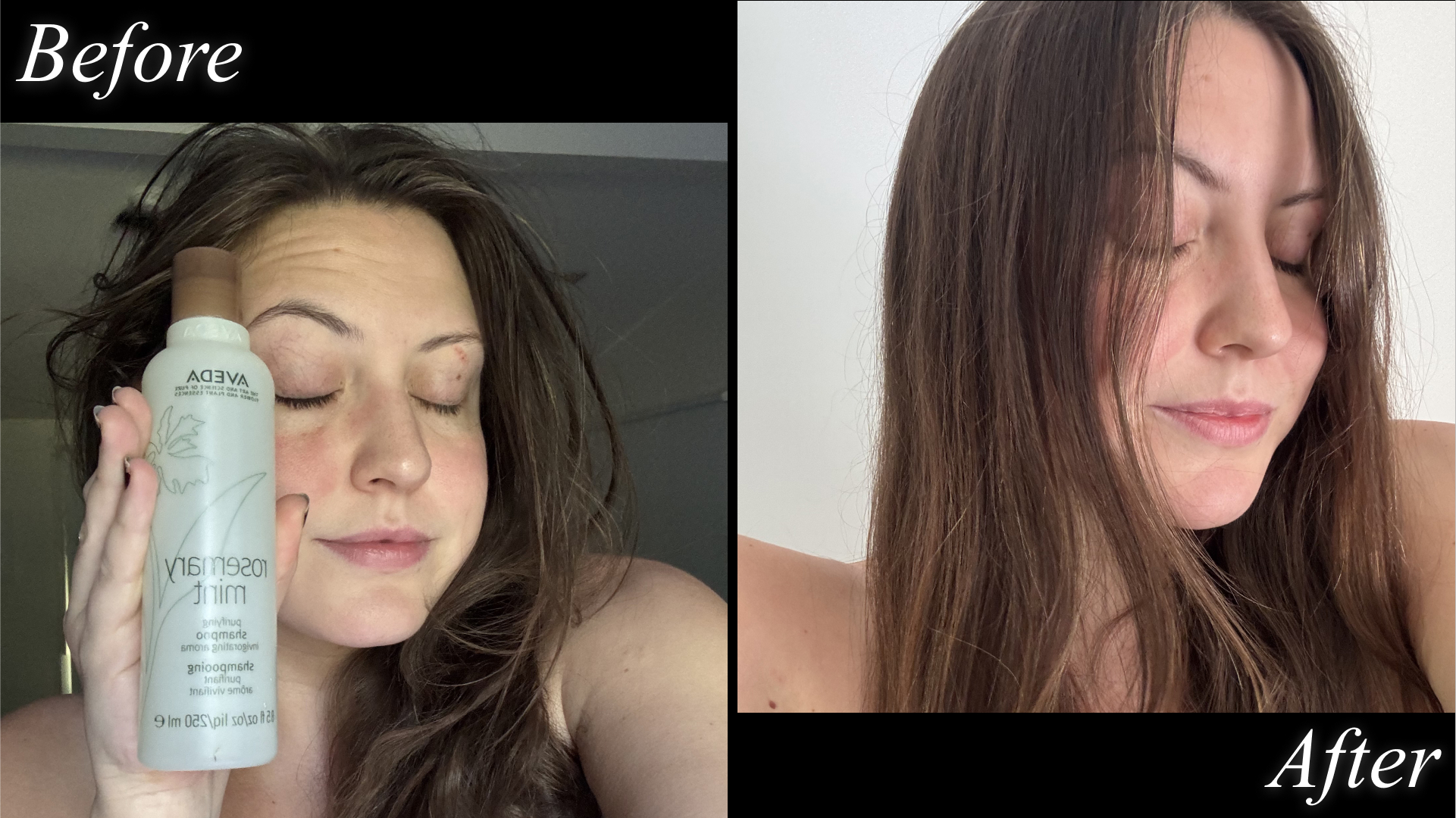 Sophia Vilensky shows off her hair before and after testing Aveda&#039;s Rosemary Mint Shampoo.