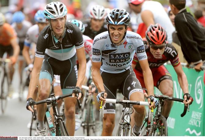 Alberto Contador suffers on the climb in the 2011 Tour de France