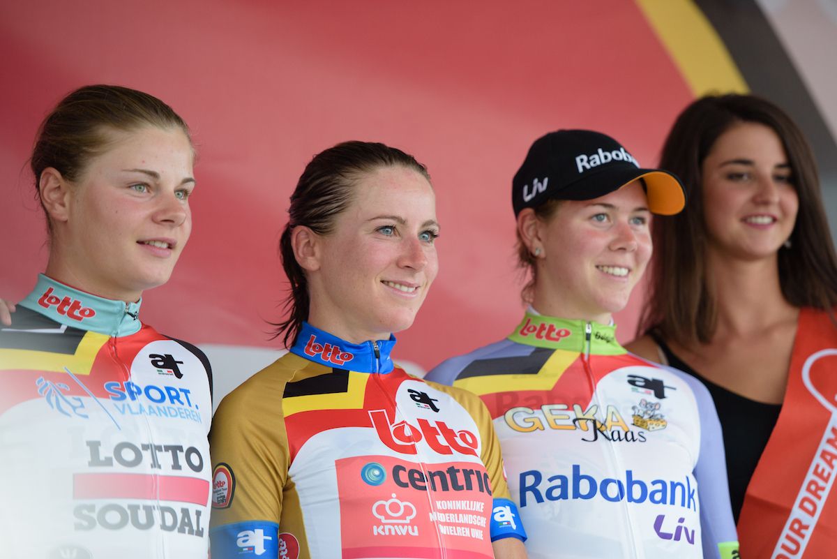 The classification jerseys are presented to the crowds at the 4.4 km Prologue of the Lotto Belgium Tour