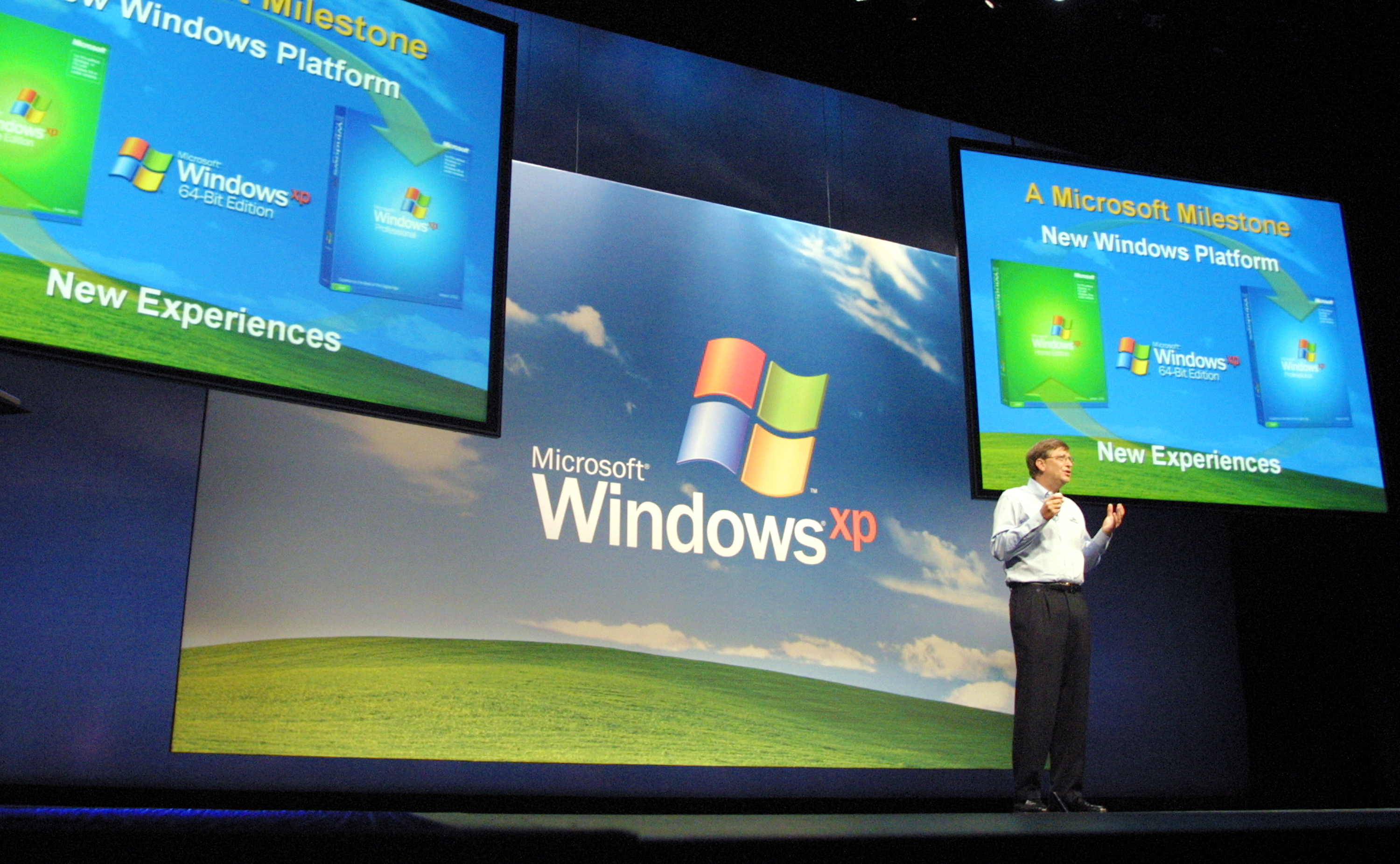 Bill Gates on stage announcing Windows XP 64-bit