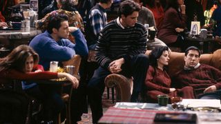 The Friends gang looking depressed in Central Perk