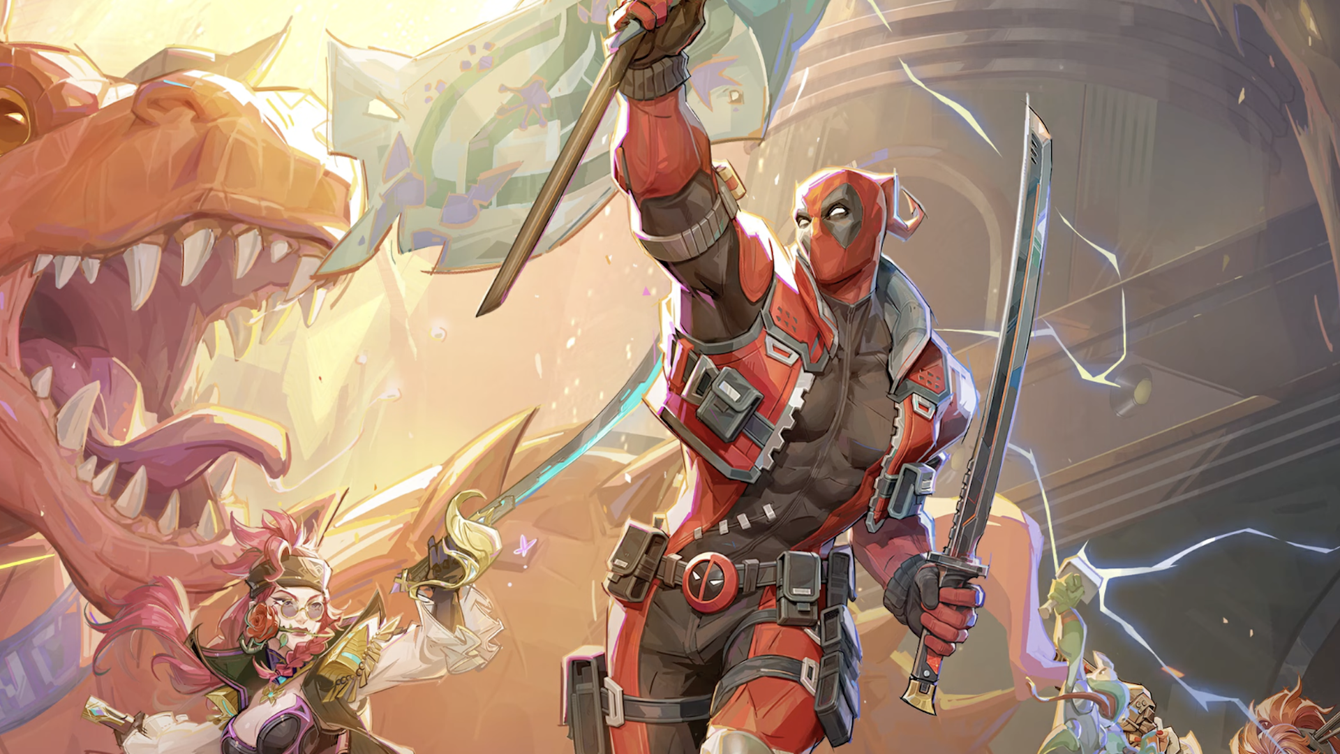 Deadpool raises a flag while holding a katana in his other hand