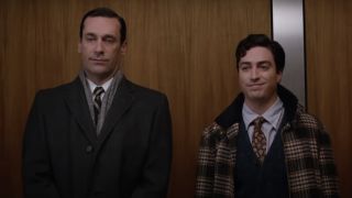 Jon Hamm and Ben Feldman in an elevator on Mad Men