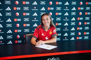 Julia Zigiotti Olme of Manchester United Women poses after signing for the club at Carrington Training Ground on July 31, 2025 in Manchester, England.