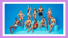 The Love Island UK 2023 cast pictured against a blue background and in a purple template