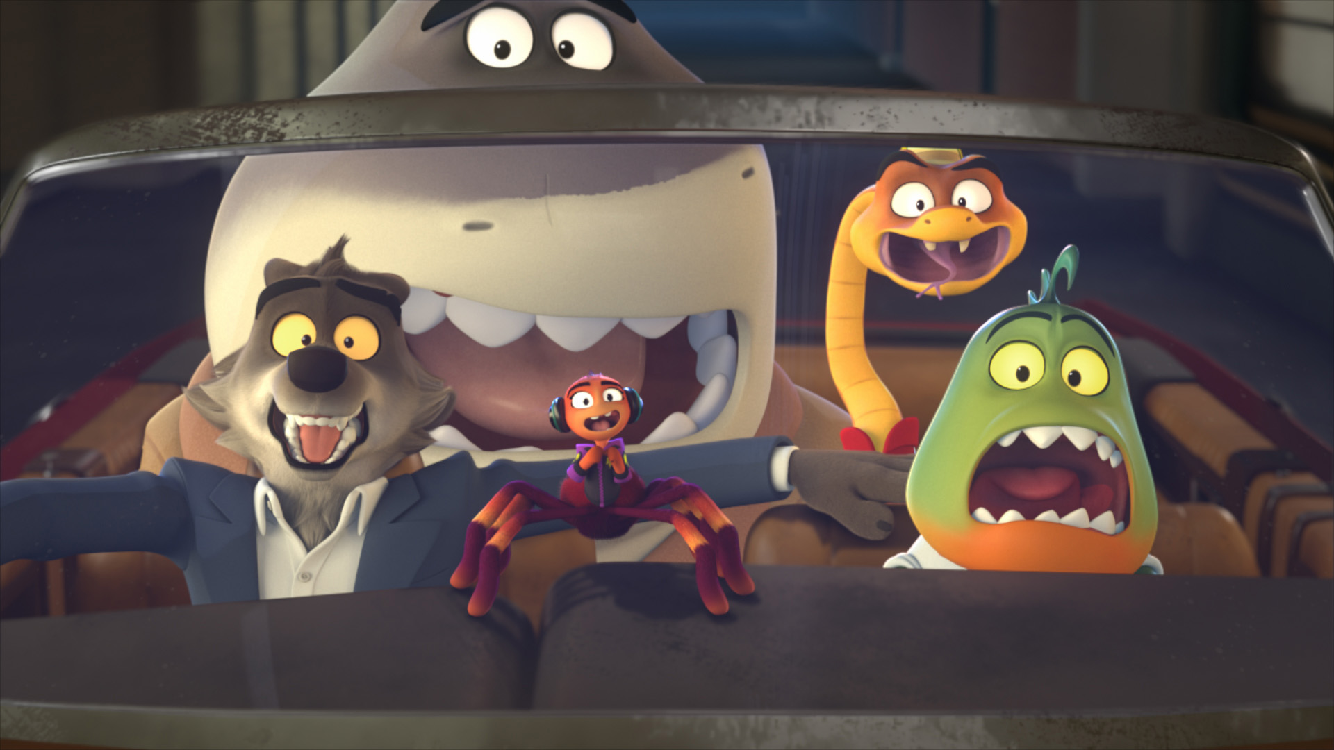 (L to R) Michael Godere as Wolf, Ezekiel Ajeigbe as Shark, Mallory Low as Tarantula, Chris Diamantopaulos as Snake and Raul Ceballos as Piranha in The Bad Guys.