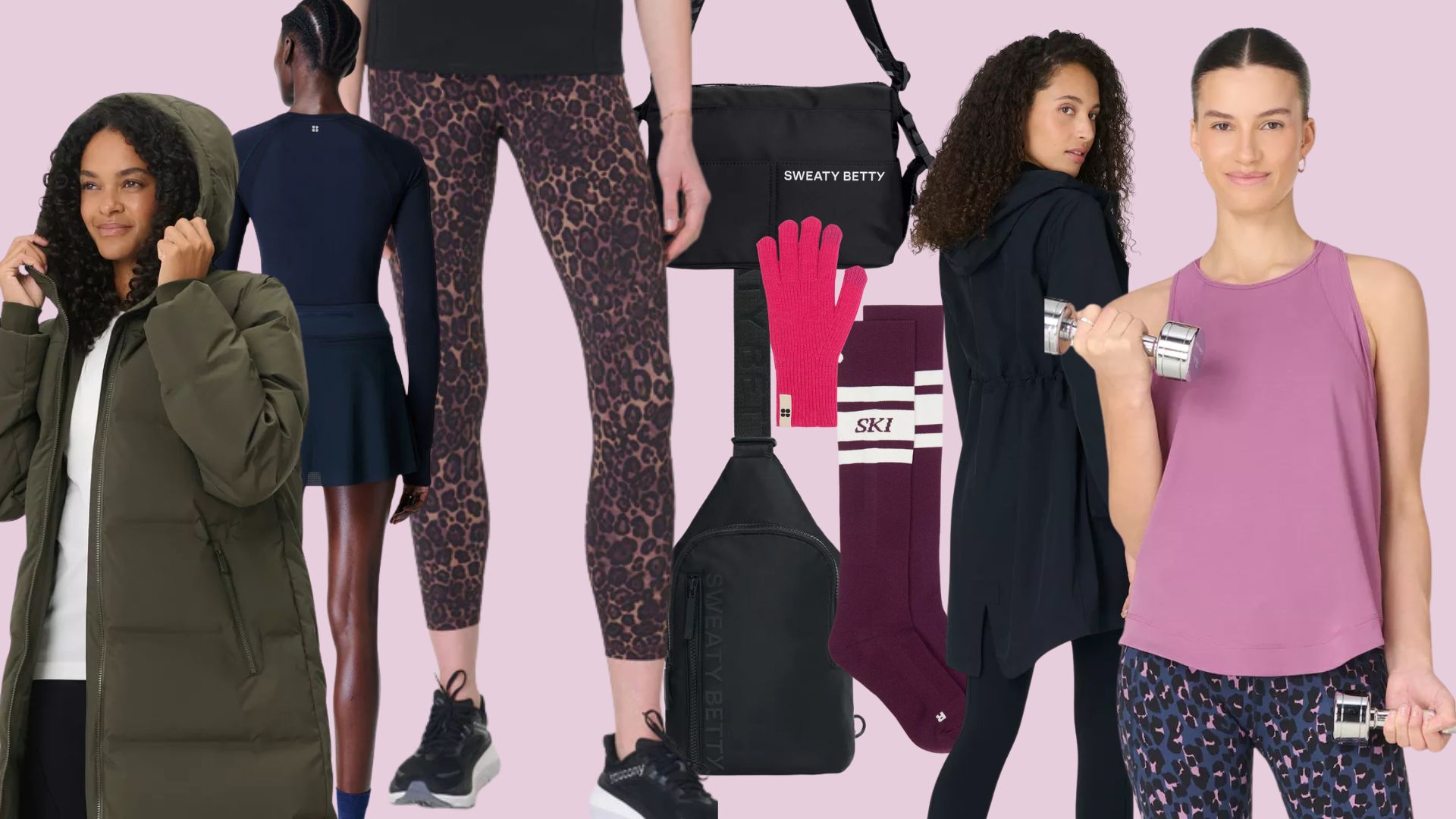 A selection of items in the Sweaty Betty sale, including leggings, coats, socks, bags, and tops