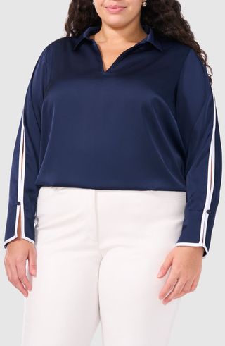 Split Sleeve Contrast Trim Satin Popover Top