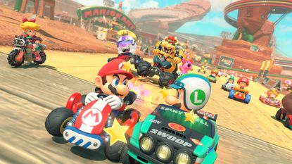 Mario Kart World screenshot showing Mario and Luigi battling for top position in a vast open world race