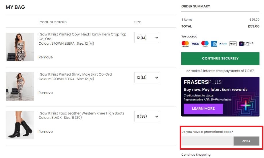 I Saw It First website with red line around promotional code section