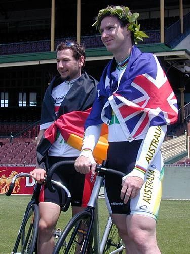 Rene Wolff (l) and Ryan Bayley pose for the media at the SCG