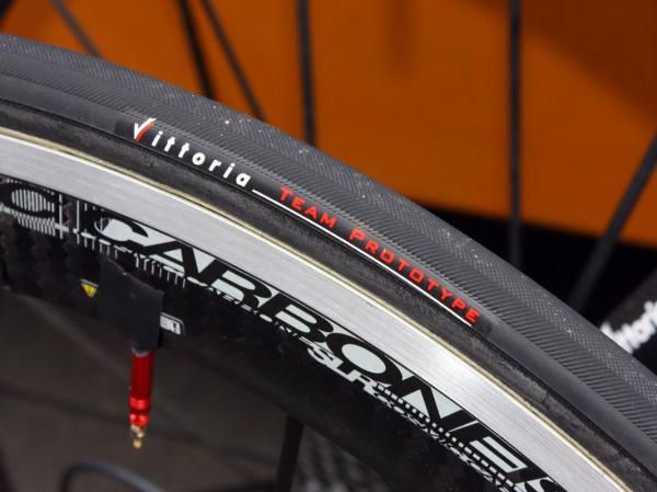 Vittoria has supplied its riders with these prototype tubulars, which marketing manager Luca Cedroni says is an improvement over the company's Corsa Evo CX.
