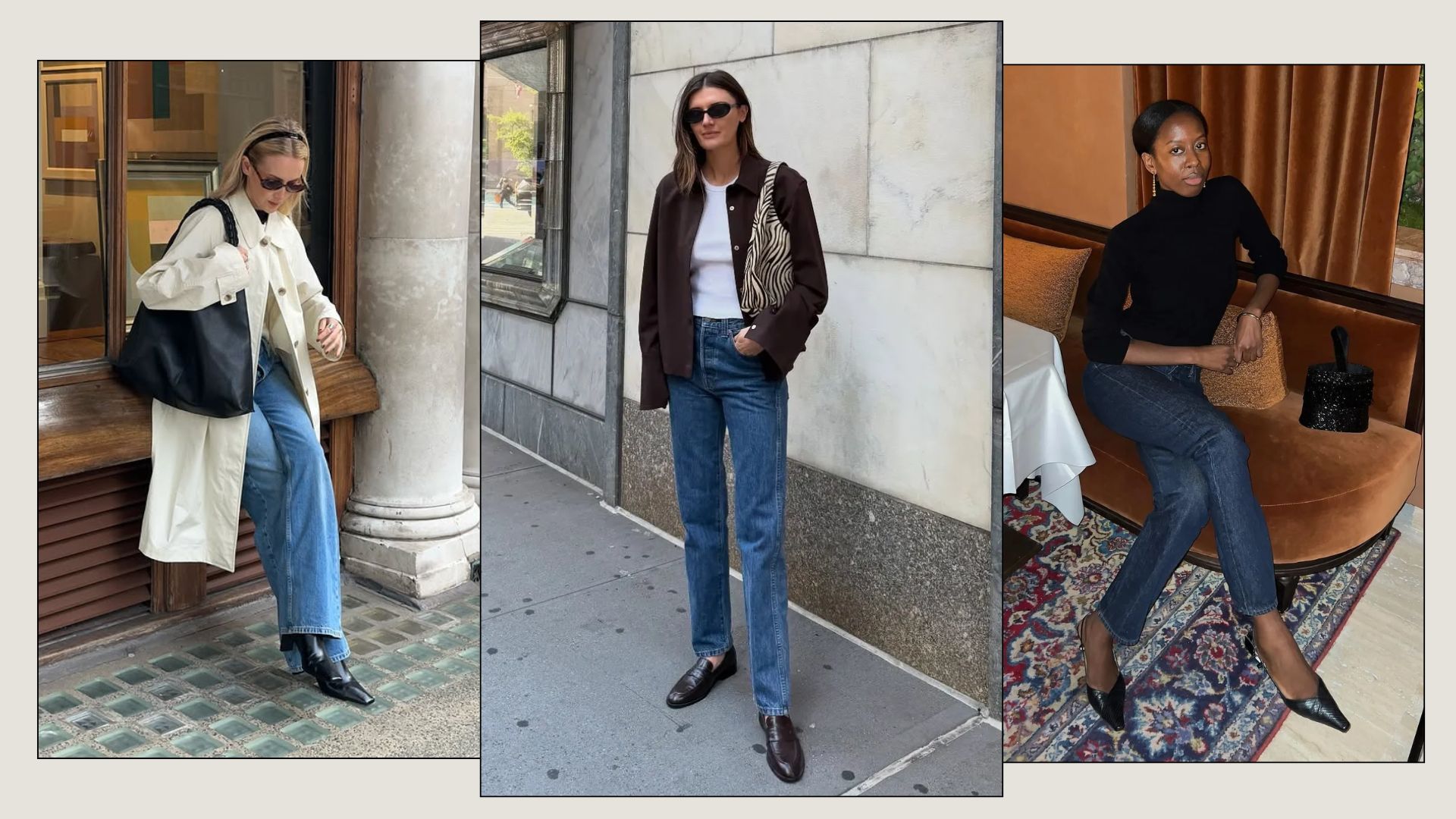 An image of the shoe trends to wear with cigarette jeans, including slingback heels, loafers and heeled boots. 