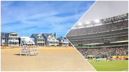 A line of glamorous beach houses in Belmar, New Jersey, and a soccer game at MetLife Stadium. 