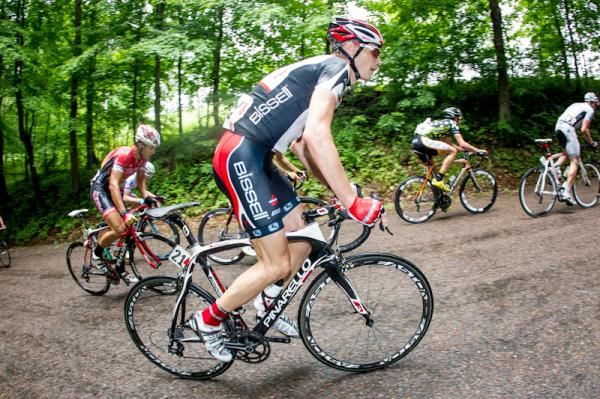 Chris Baldwin (Bissell) makes it to the climb with the break.