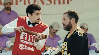 Bad Bunny with a pepper shaker and Adam Sandler in his Bruins Hockey Jersey in Happy Gilmore 2.