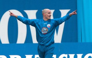 Magnus Arvidsson celebrates a goal for Hansa Rostock against Hamburg in March 2004.