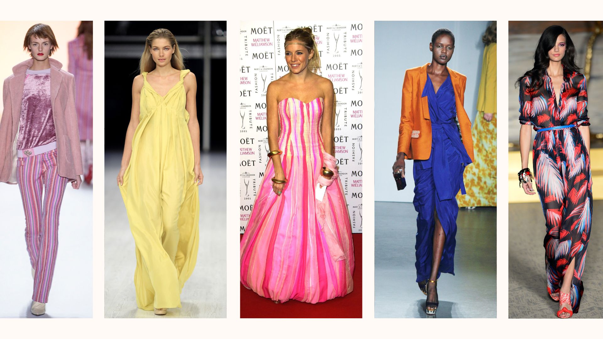 A selection of Matthew Williamson outfits on the runway and Sienna Miller