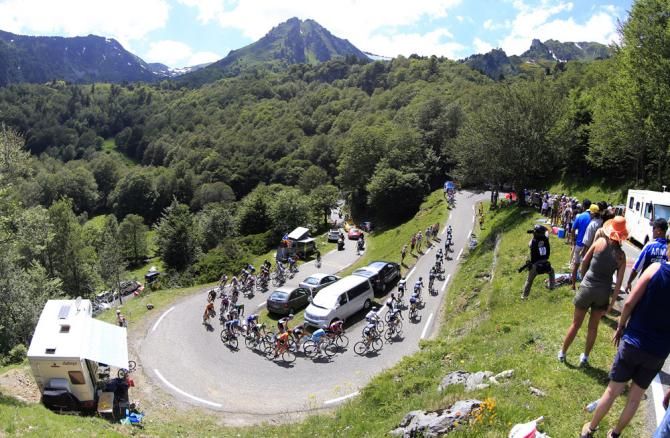 The peloton en route from Castres to Ax 3 Domaines in stage 8 at the Tour de France
