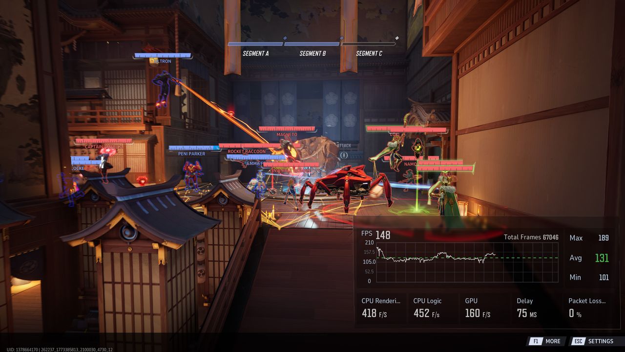 Marvel Rivals PC game benchmark running on a Radeon RX 9070 XT graphics card with performance metrics at the bottom