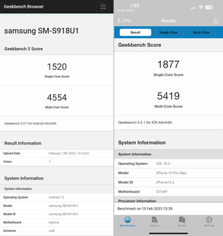 Samsung Galaxy S23 Ultra vs. iPhone 14 Pro Max Geekbench 5 results