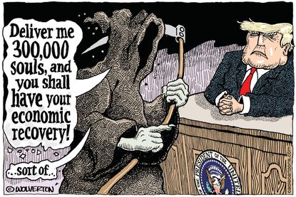 Political Cartoon U.S. Trump reopening coronavirus grim reaper