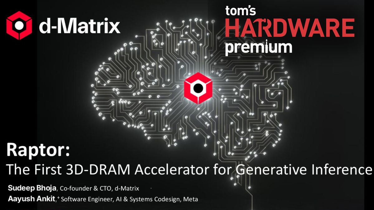 Hot Chips 2026: d-Matrix stacks AI accelerator directly on custom DRAM for 100 TB/s per card — TSMC 4nm compute die bonded face-to-face at a 36-micron pitch on top of a custom-designed die
