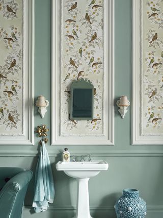 blue green bathroom with wallpaper panels