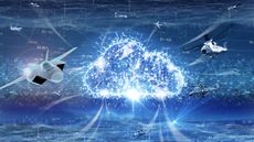 Illustration of a digital cloud surrounded by military vehicles