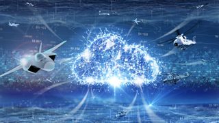 Illustration of a digital cloud surrounded by military vehicles