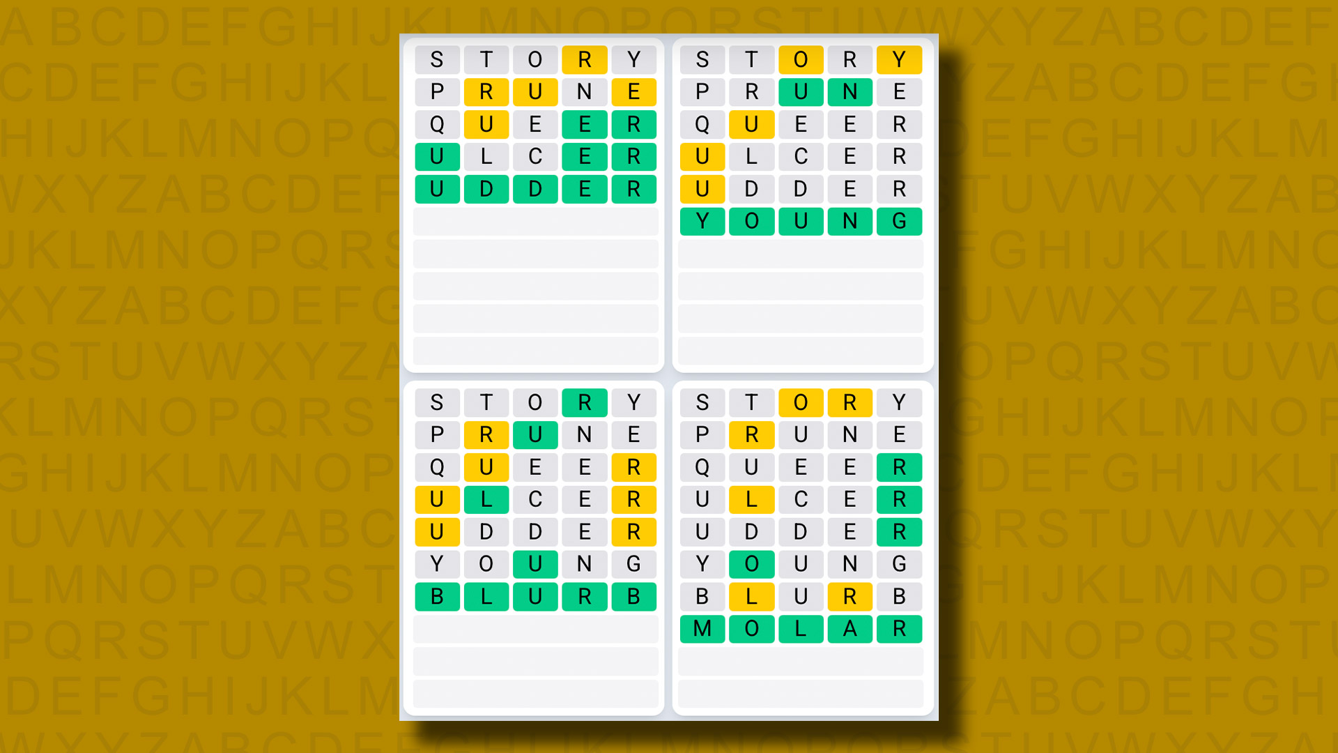 Quordle Daily Sequence answers for game 1090 on a yellow background