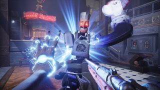 a still from a video game showing a first-person view of the player character pointing a futuristic-looking ray gun at a humanoid robot