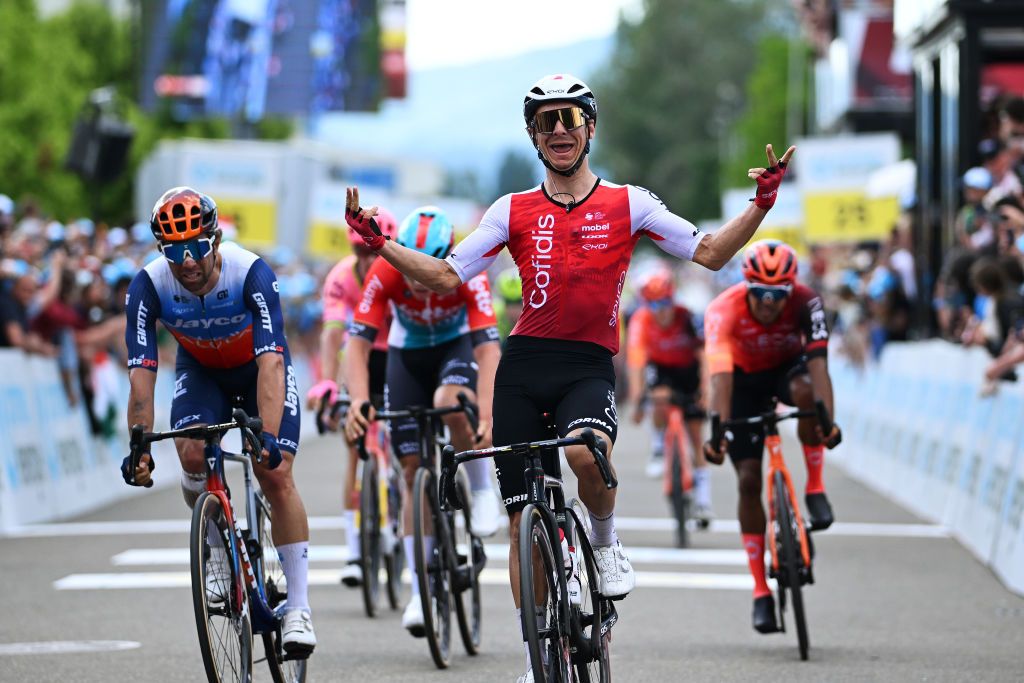 REGENSDORF SWITZERLAND JUNE 10 Bryan Coquard of France and Team Cofidis R celebrates at finish line as stage winner ahead of Michael Matthews of Australia and Team Jayco AlUla L during the 87th Tour de Suisse 2024 Stage 2 a 1773km stage from Vaduz to Regensdorf UCIWT on June 10 2024 in Regensdorf Switzerland Photo by Tim de WaeleGetty Images