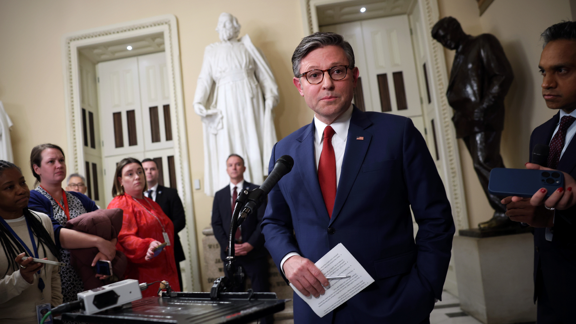 House Speaker Mike Johnson (R-La.) speaks to reporters amid interparty health care tumult