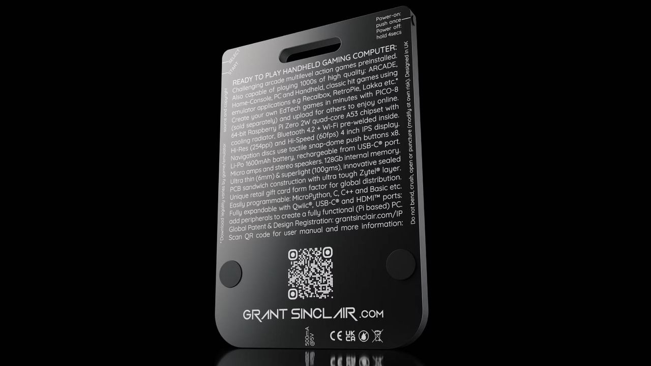 Back view of Gamercard handheld with black backdrop.