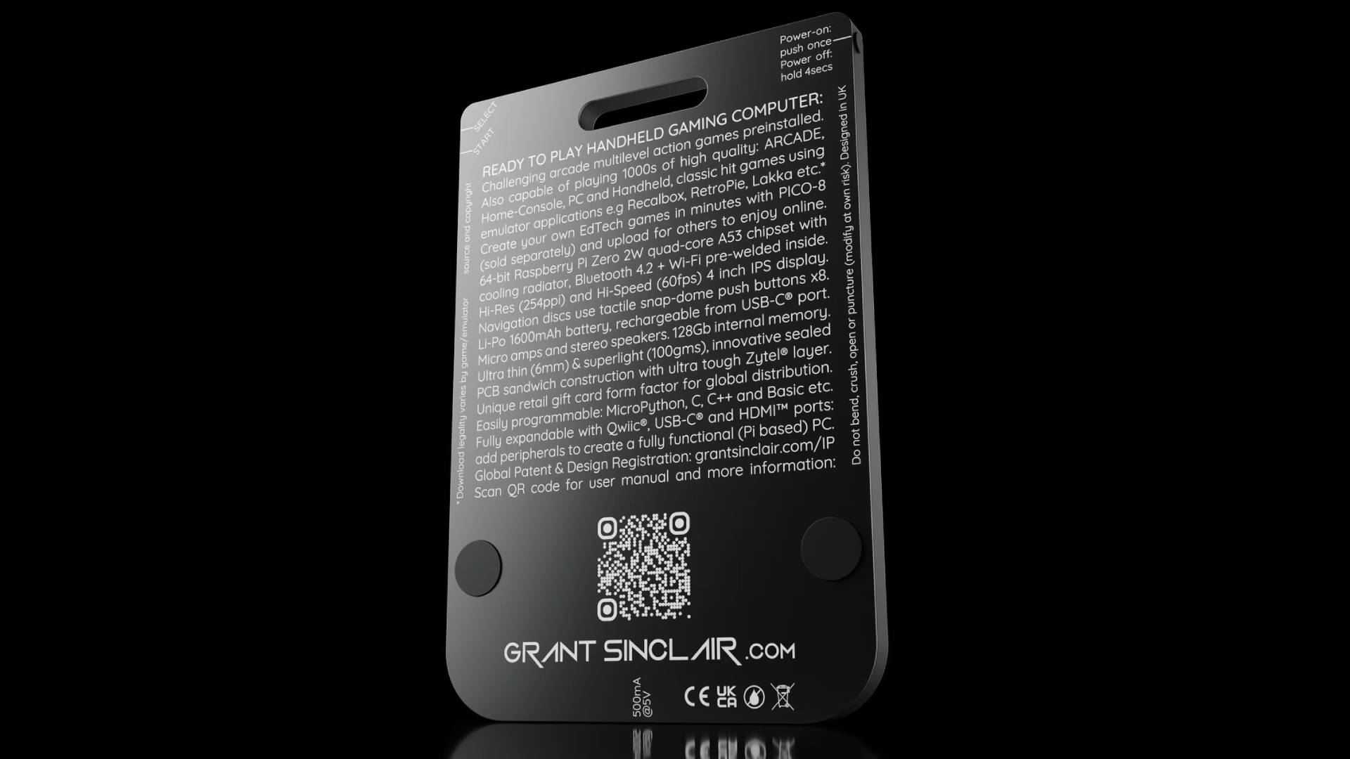 Back view of Gamercard handheld with black backdrop.